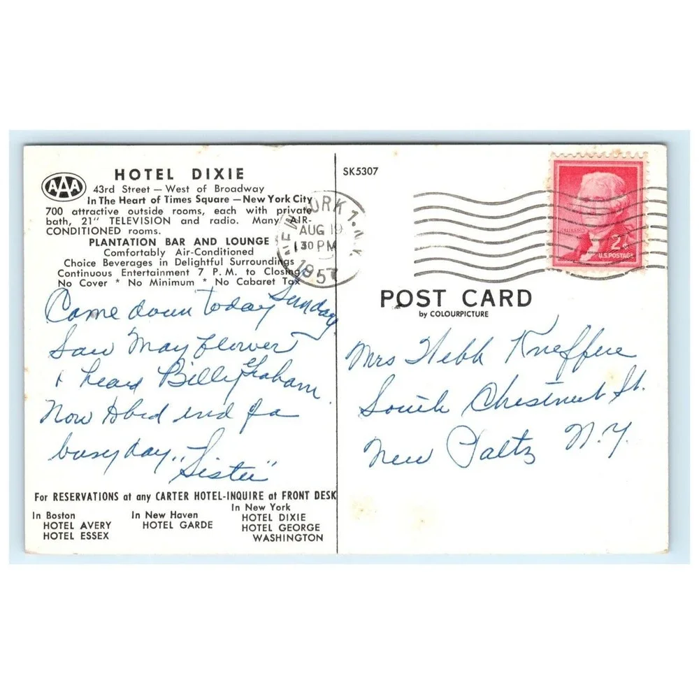Vintage Postcard Hotel Dixie Advertising Times Square New York City NY NYC 1950s